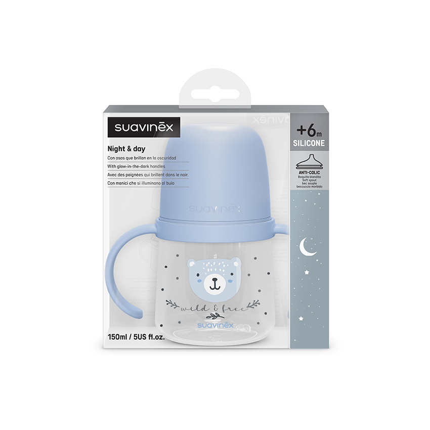 Biberon met handvatten 150 ml 6M+ Wild & Free Nacht en Dag Blauw 