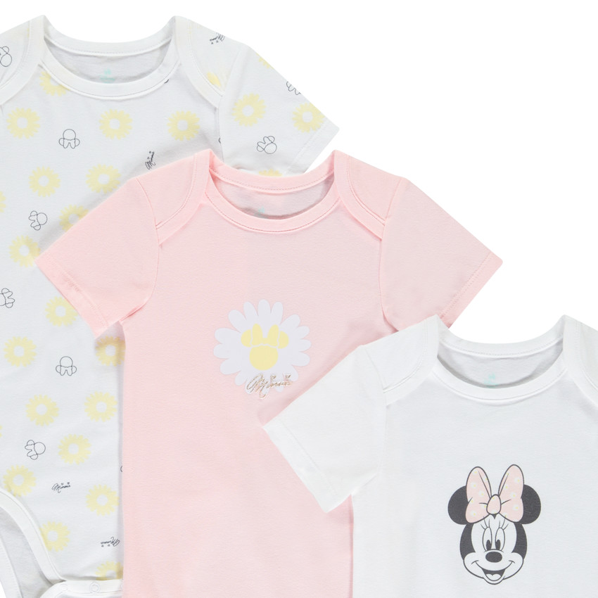 Lot de 3 bodies manches courtes Minnie Disney pour bébé fille avec ouvertures différentes selon l'âge 