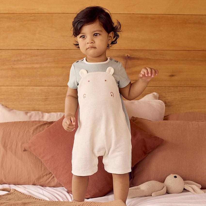 Combinaison manches courtes brodée hippopotame + oreilles 3D pour bébé garçon 