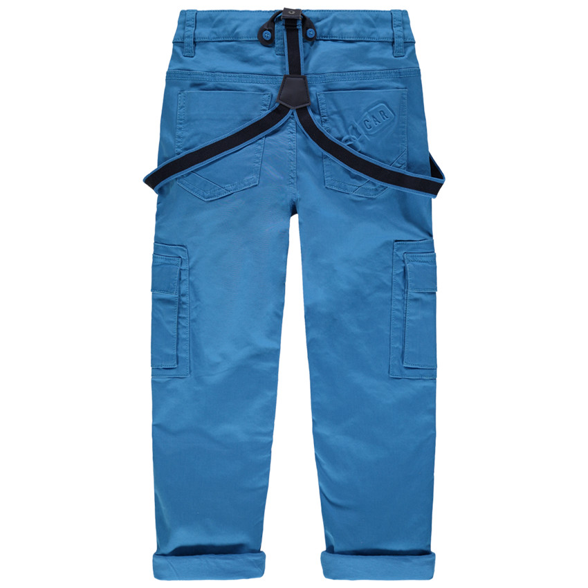 Blauwe broek met voering van jerseystof, zakken en afneembare schouderbanden 