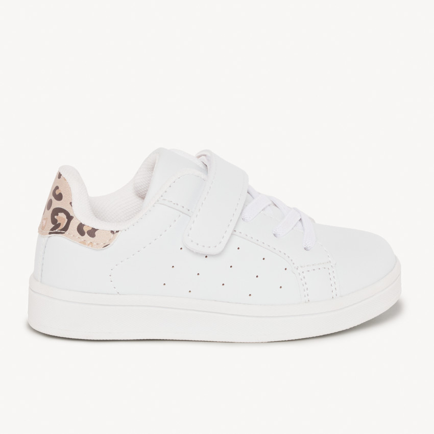 Lage witte sneakers met elastische veters, klittenband en luipaardprint achterkant voor meisjes 