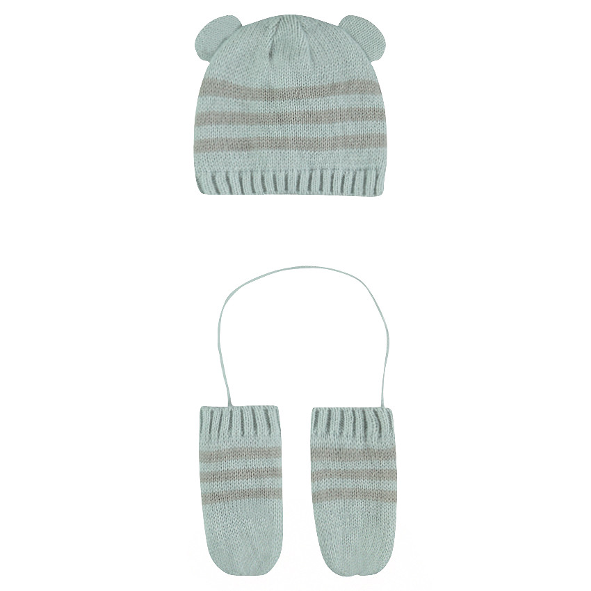 Ensemble van muts en wanten uit tricot. 