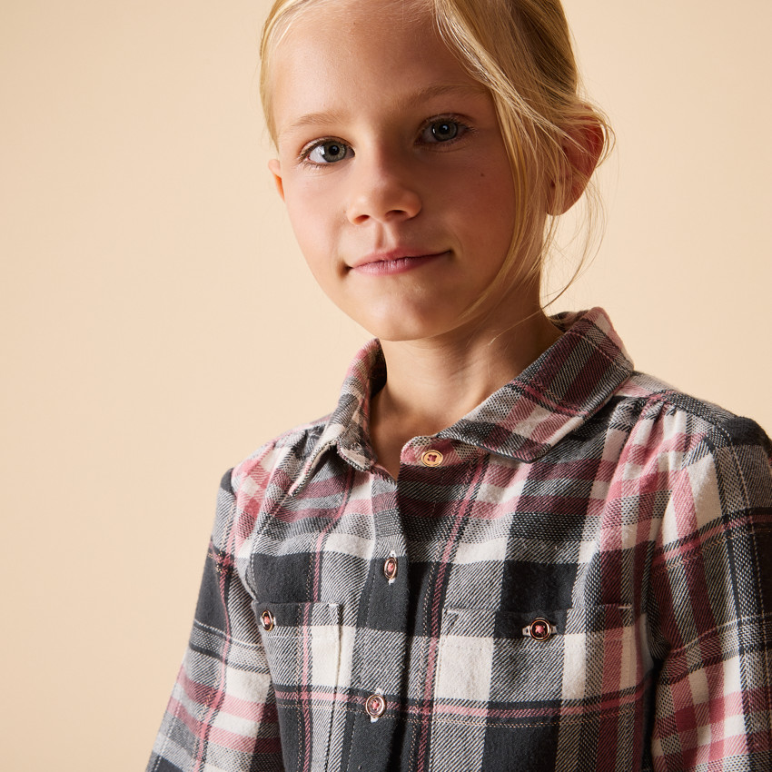 Robe chemise manches longues ceinturée à carreaux pour fille 