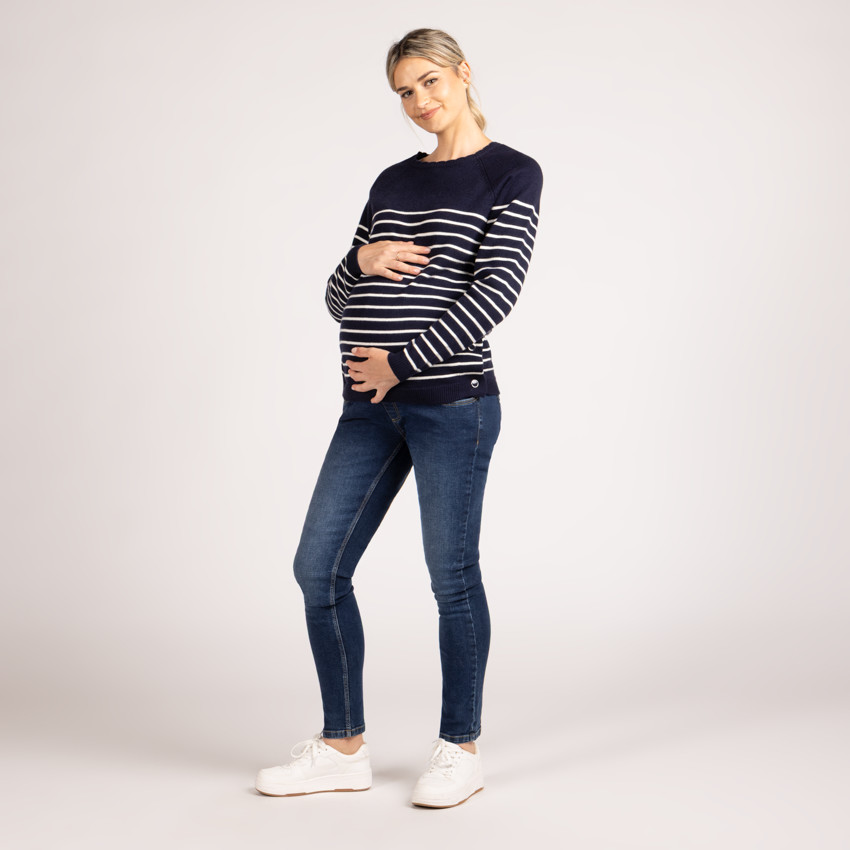 Trui voor borstvoeding in gestreept gebreid met fantasiekraag 