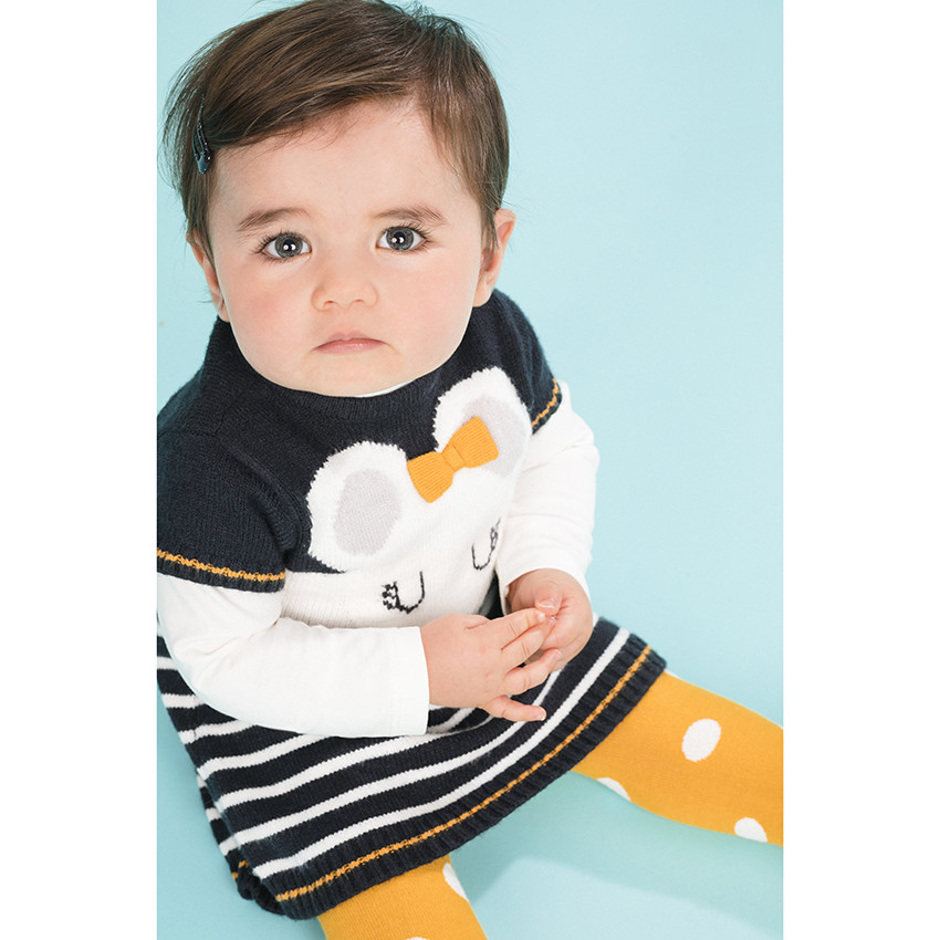 Korte mouwen gebreide jurk met muizenpatroon en strepen 