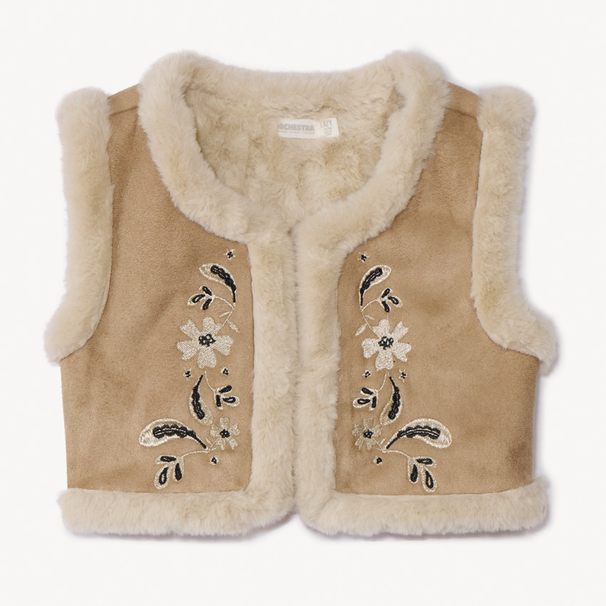 Mouwloos vest in suedine met folkloristische borduursels en sherpa voor meisjes 