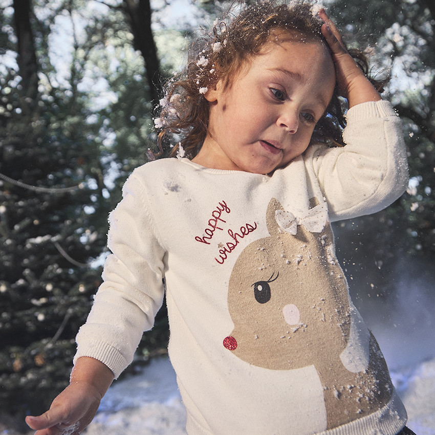 Pull en tricot doublé velours motif biche pour bébé fille 