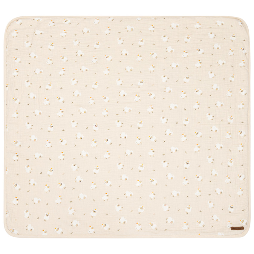 Couverture bi-matière 80 x 80 cm imprimé moutons La Vie à la Ferme beige 