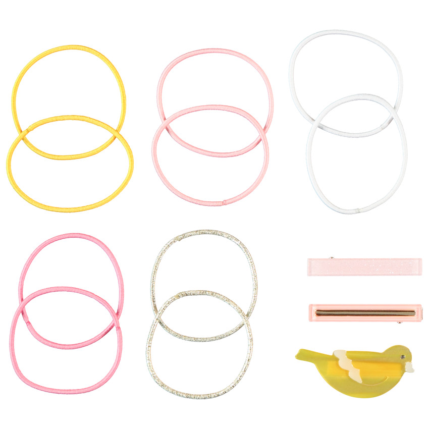 Set van 3 fantasie haarspeldjes + 10 effen elastiekjes voor meisjes 