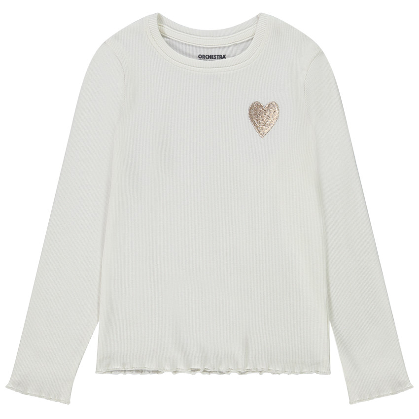 T-shirt manches longues côtelé broderie cœur pour fille 