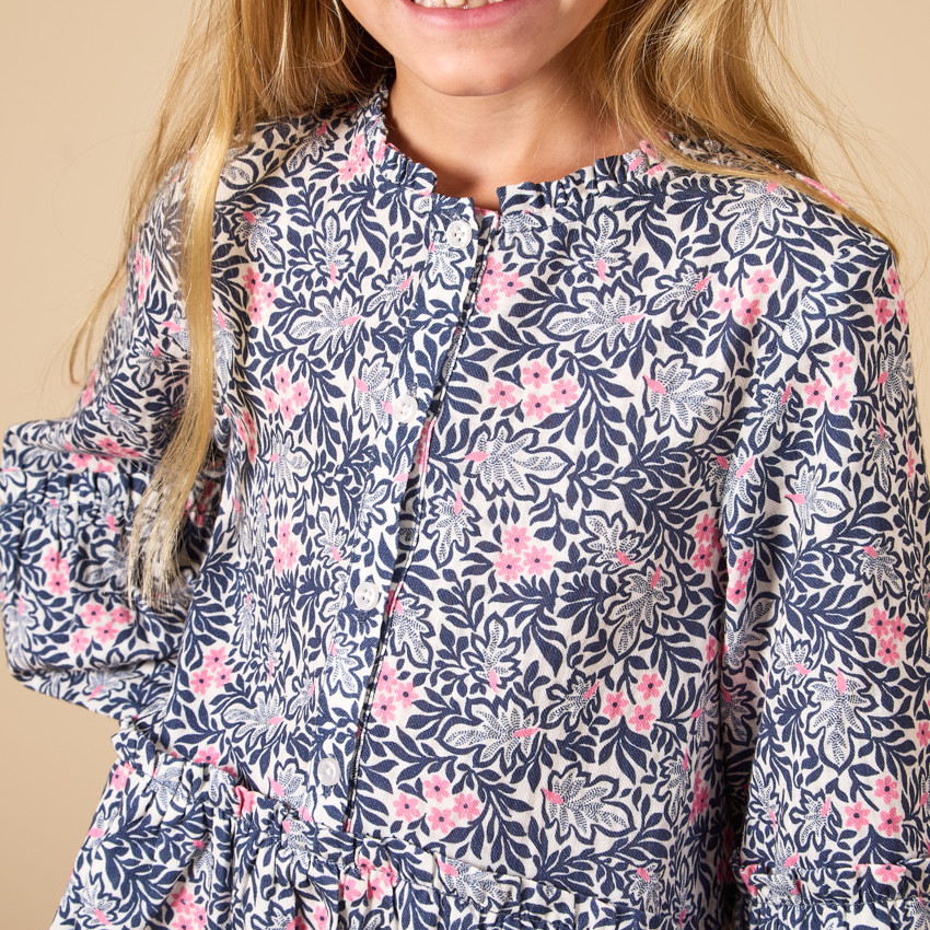 Robe manches longues en gaze de coton imprimé fleuris pour fille 