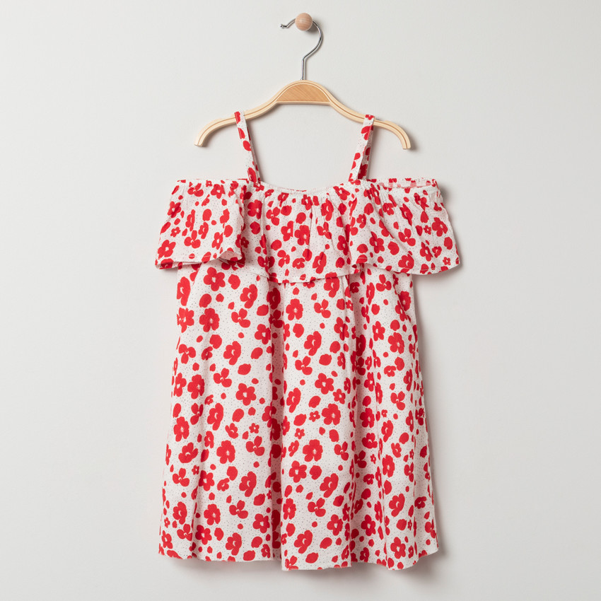 Robe blanche volantée imprimée fleurs rouges pour fille 