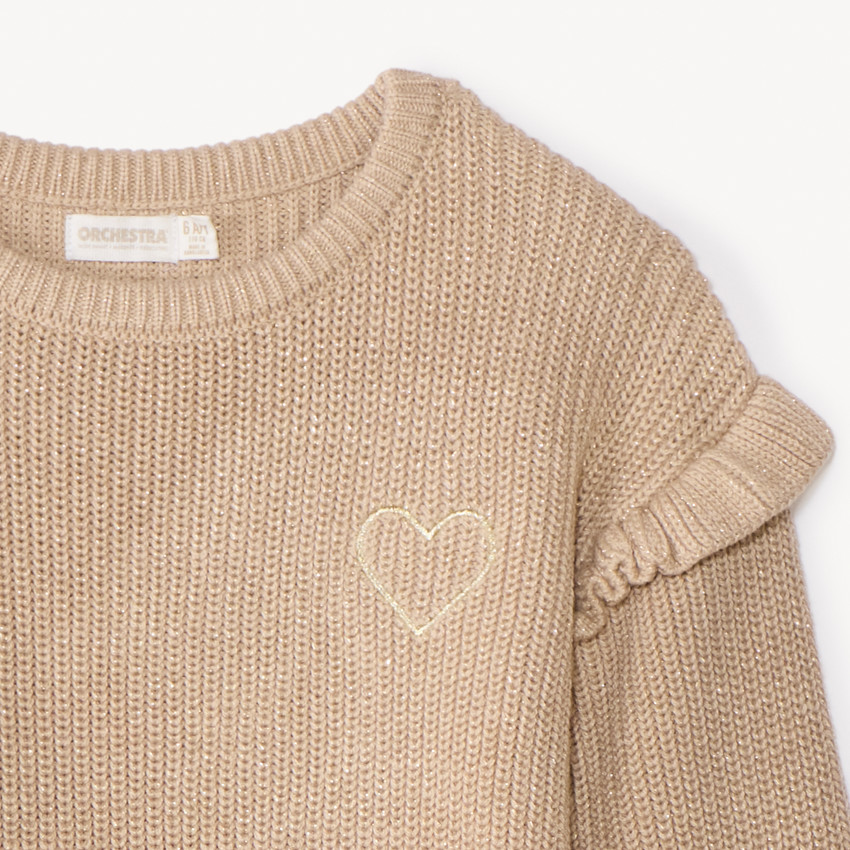 Pull en tricot perlé uni brodé cœur pour fille 