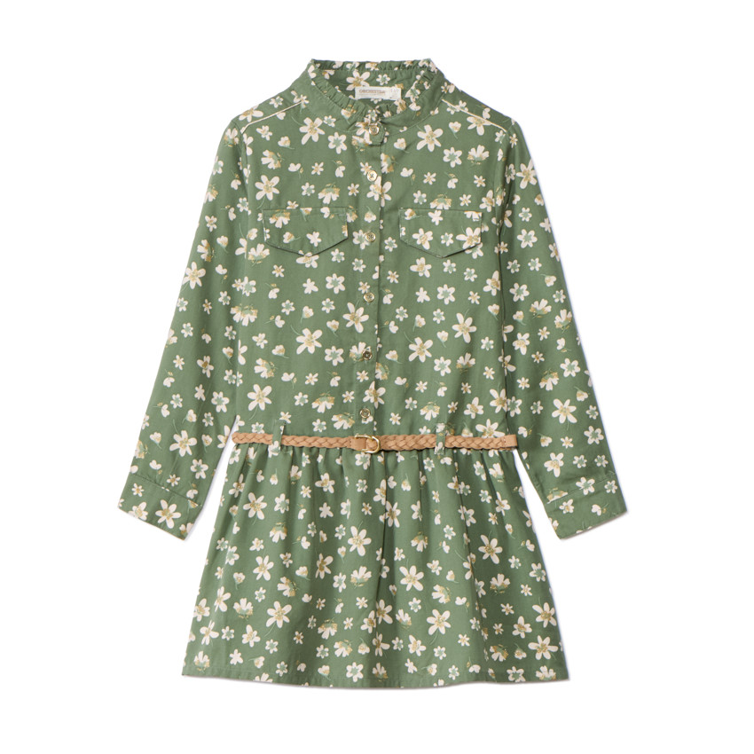 Kaki jurk met lange mouwen en bloemenprint voor meisjes 