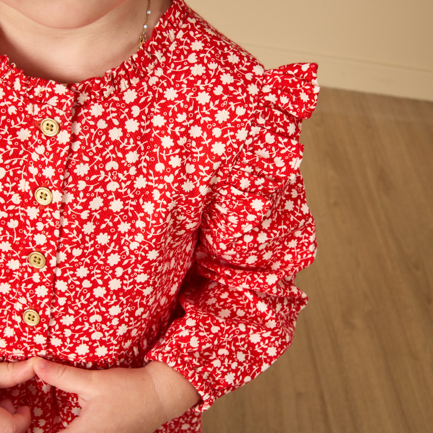 Robe manches longues rouge avec fleurs imprimés pour bébé fille 