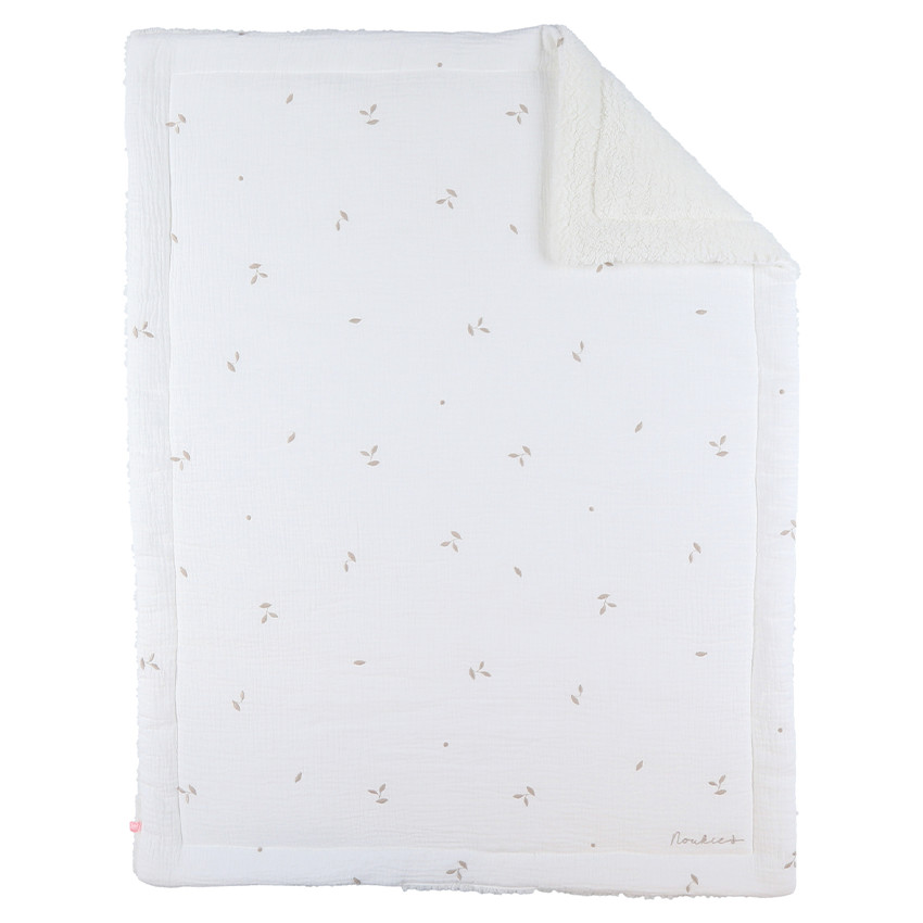 Deken geborduurd bladeren 100x140cm Mousseline & Sherpa Wit  