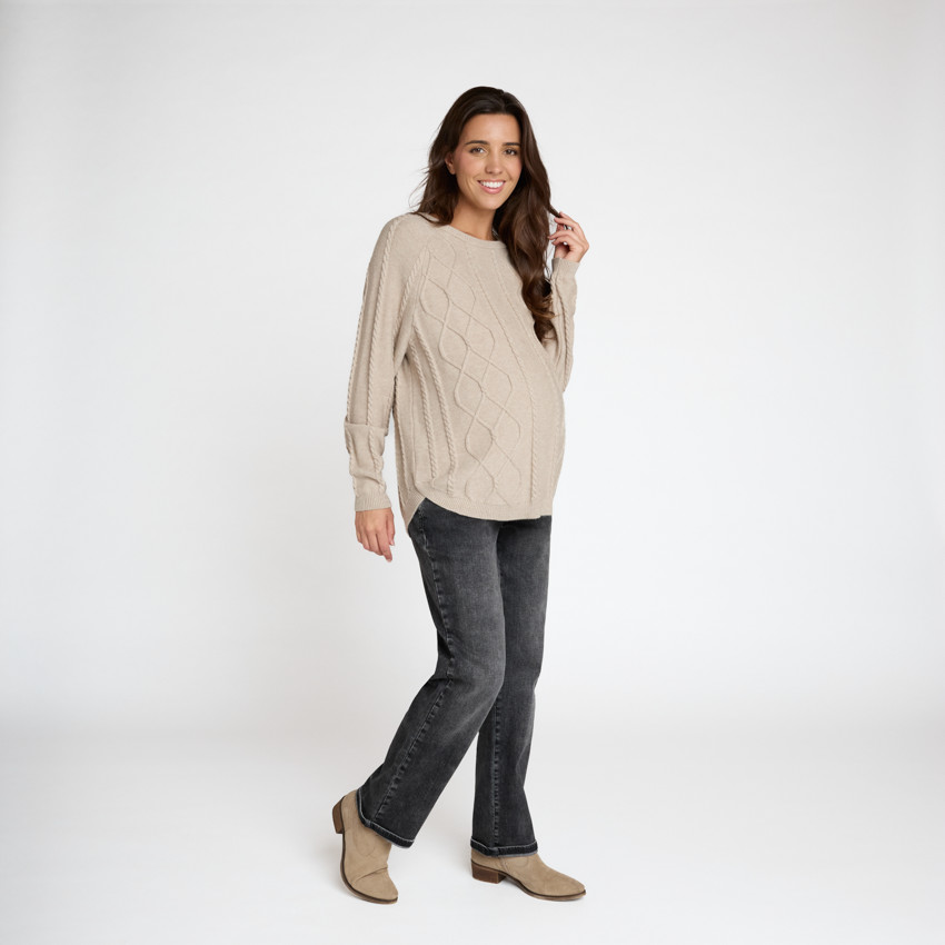 Pull manches longues uni en tricot torsade pour femme 