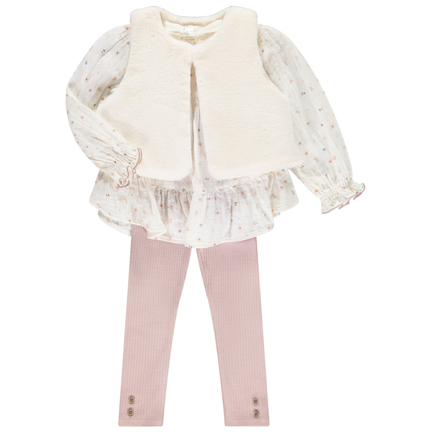 Drie-delige set met vest met faux fur voor baby meisje 