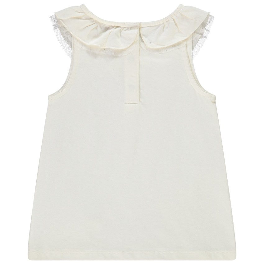 Mouwloos topje met ruchekraag en print in pailletten voor baby meisje 