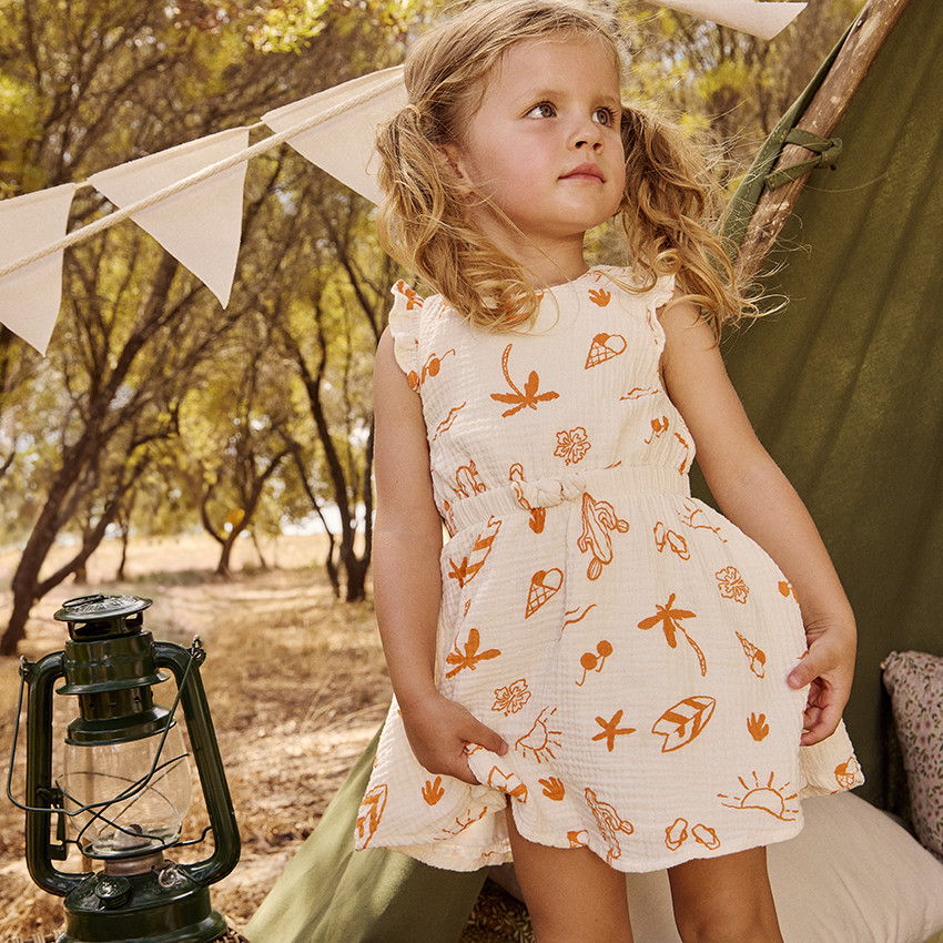 Jurk korte mouwen in tetra met fantasieprint voor baby meisje 