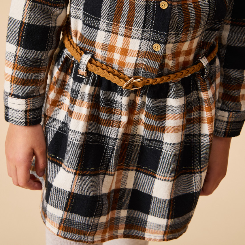 Robe chemise manches longues ceinturée à carreaux pour fille 