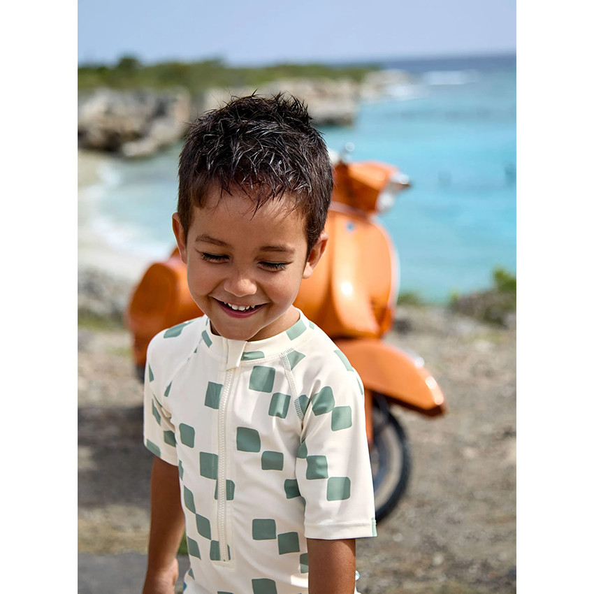 Maillot de bain manches courtes T98 (25-36 mois) Checkerboard Sea Salt/Green 