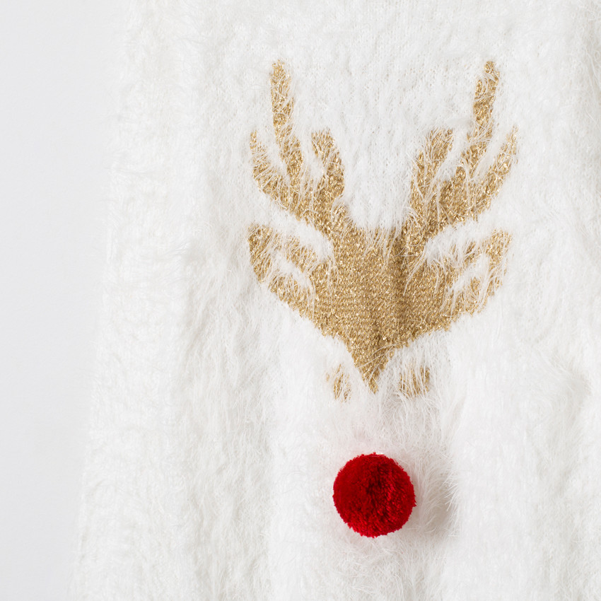 Pull de Noël en tricot poil motif élan et nez en pompon 