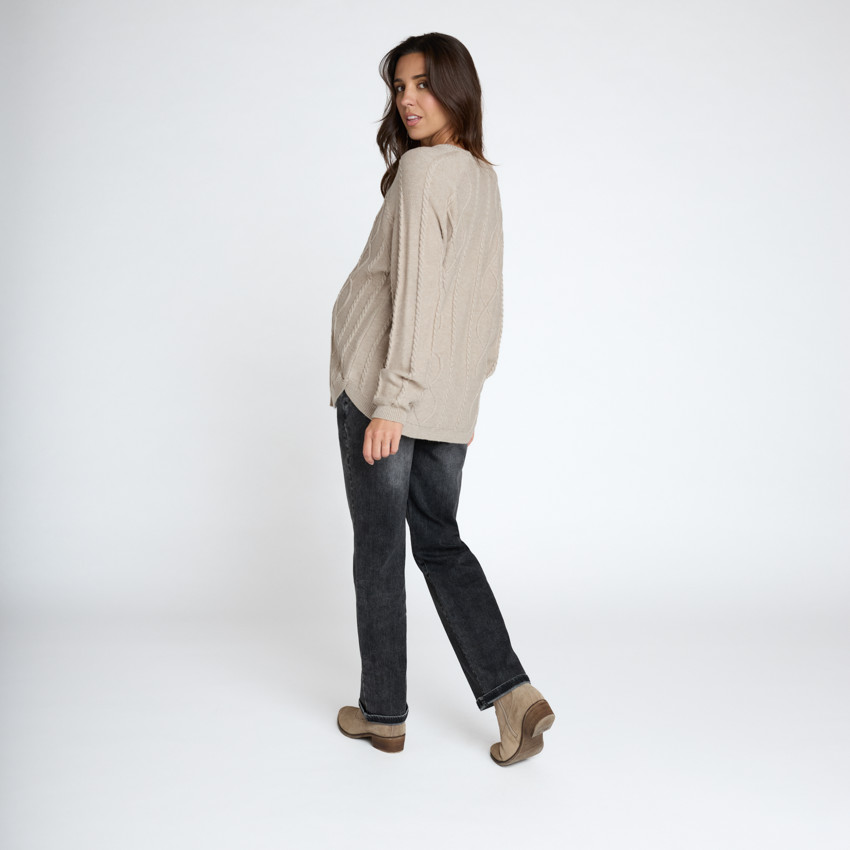 Pull manches longues uni en tricot torsade pour femme 