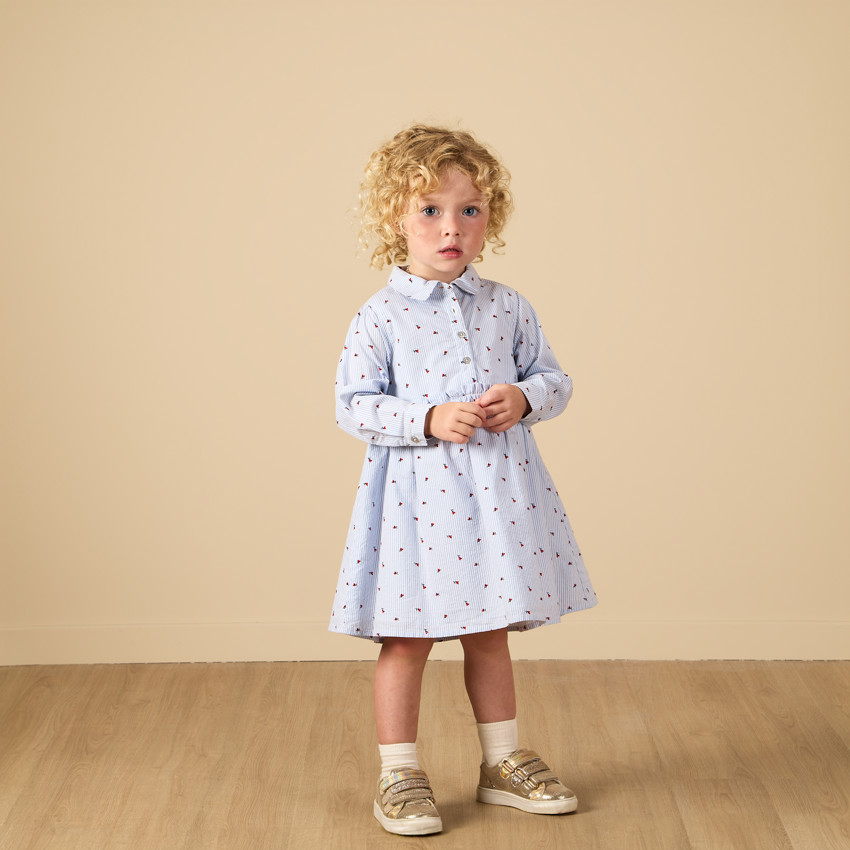 Robe manches longues en toile à rayures et imprimé fleurs pour bébé fille 