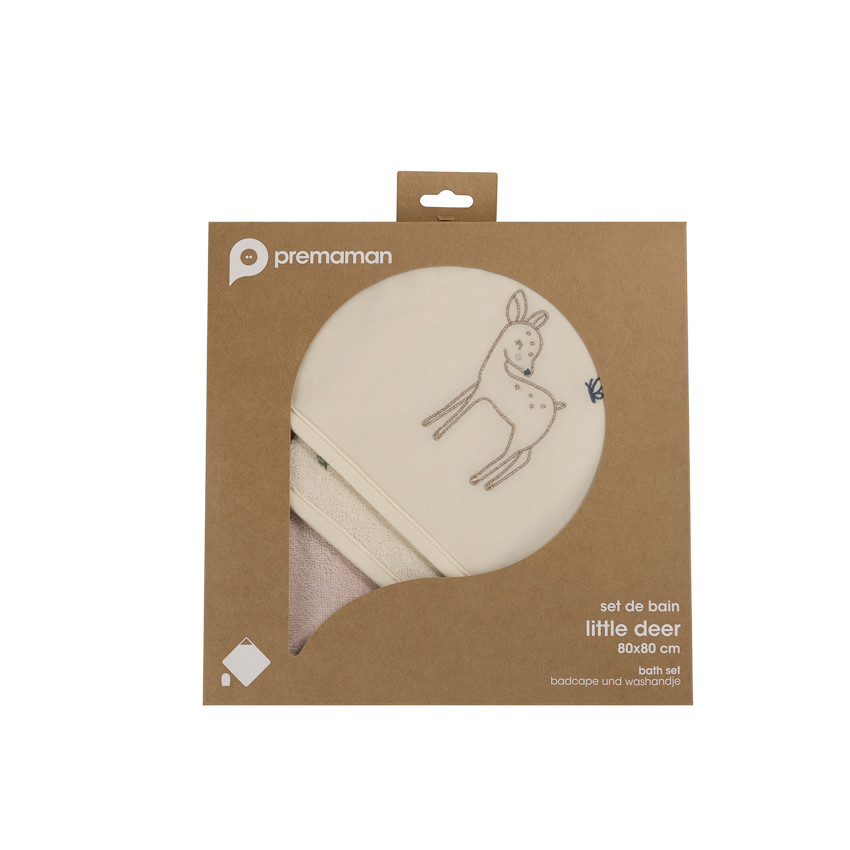Set de bain avec cape et gant de toilette Little Deer écru/rose 