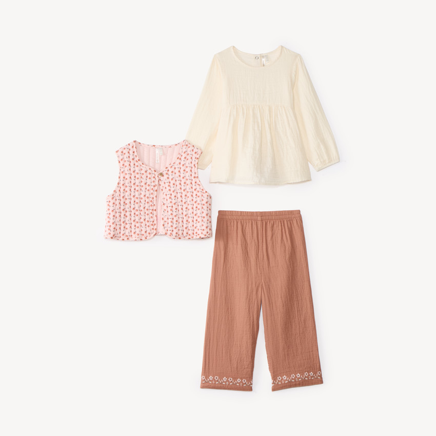 Ensemble 3 pièces bébé fille tunique + pantalon + gilet sans manches fleuris 