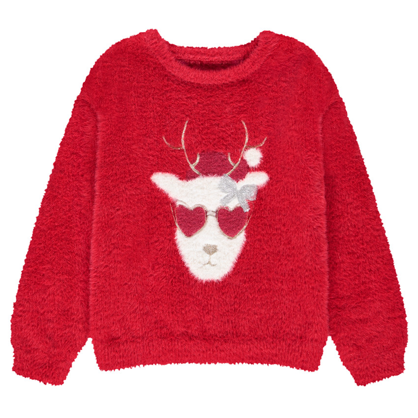 Pull en tricot pelucheux renne de Noël pour fille 