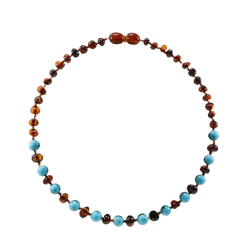 Collier en pierre d'ambre naturelle - Cognac/Turquoise 
