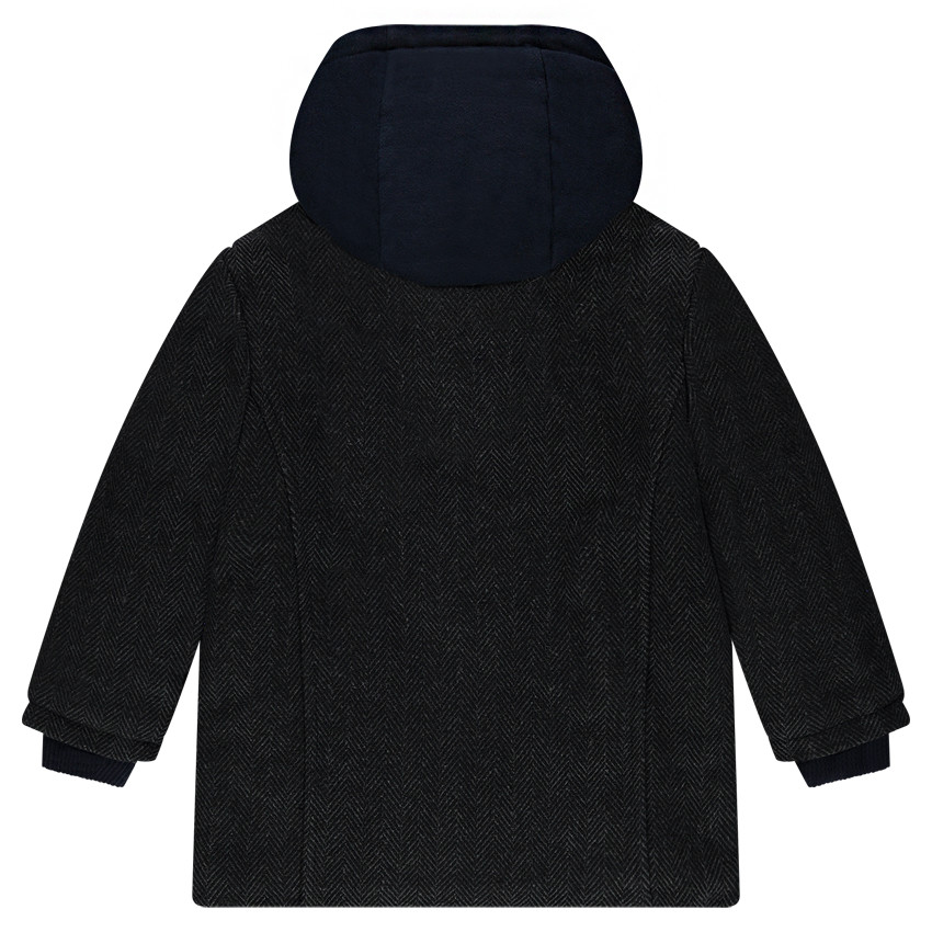 Duffelcoat met fleece en visgraatmotief en met kap van molton 