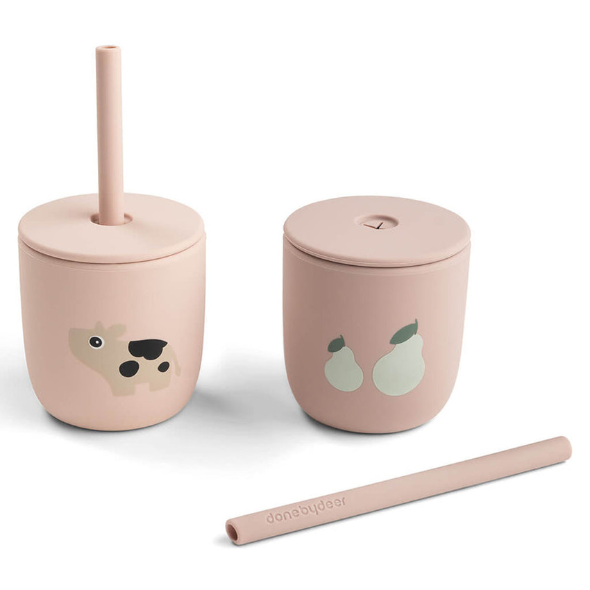 Set van 2 drinkbekers met rietje in silicone Tiny Farm Roze 