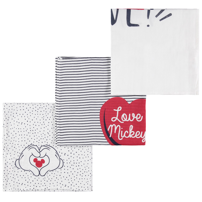 Lot de 3 langes en coton bio tétra motif Mickey Disney 