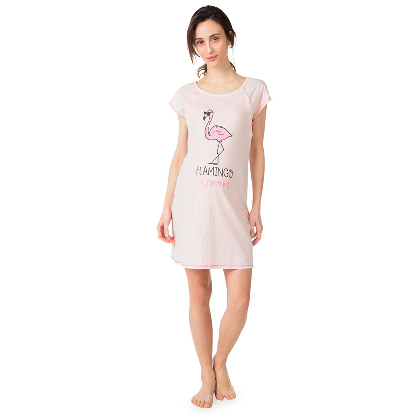 Chemise de nuit de grossesse et d'allaitement print flamant rose pailleté 