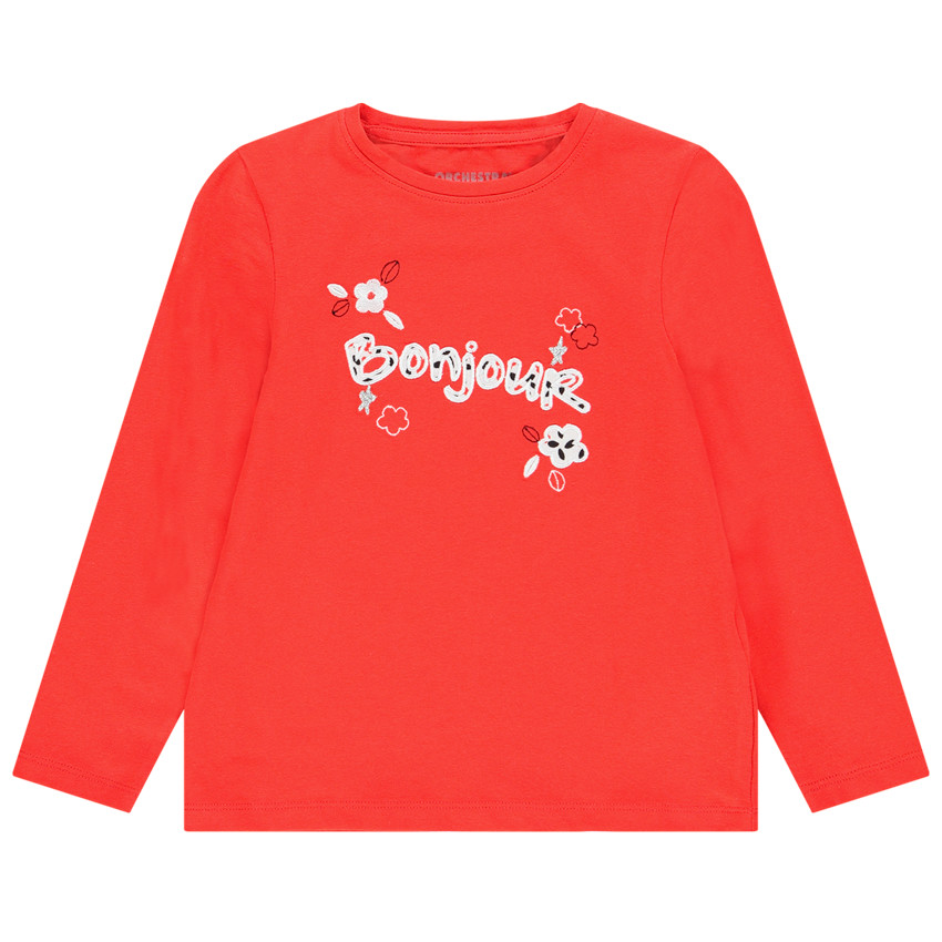 T-shirt manches longues rouge brodé pour enfant fille  
