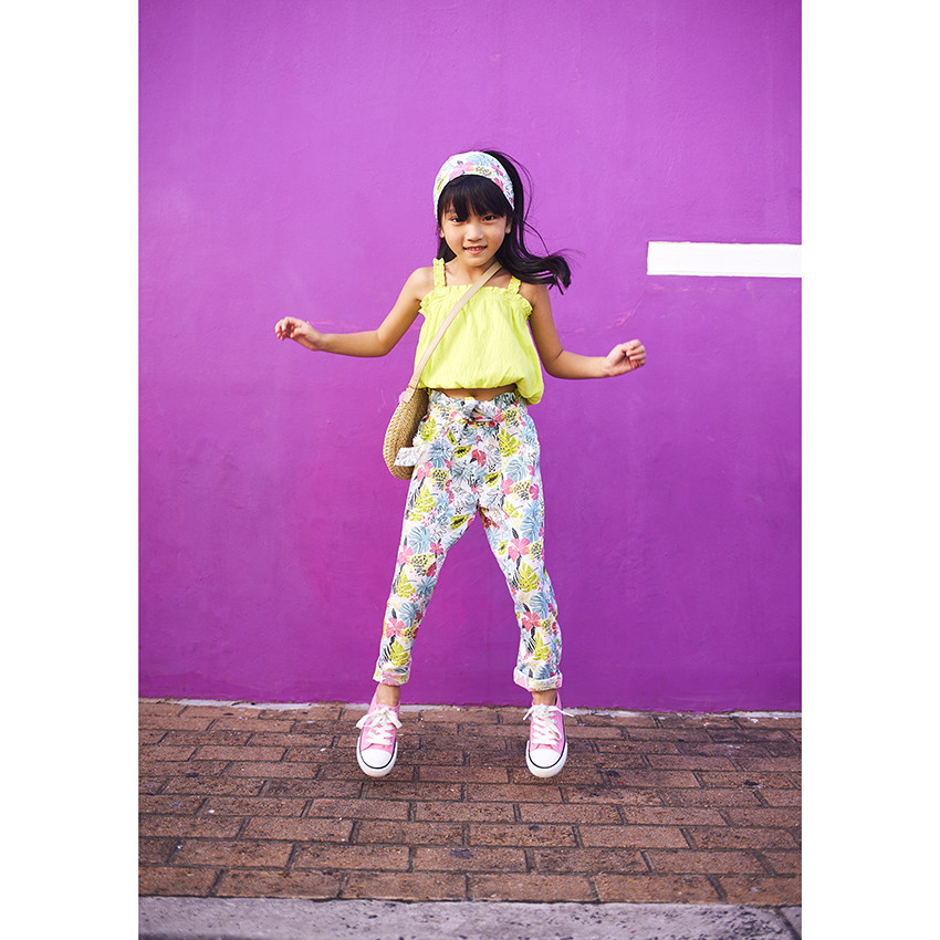 Tropische print broek en strikriem voor meisjes 