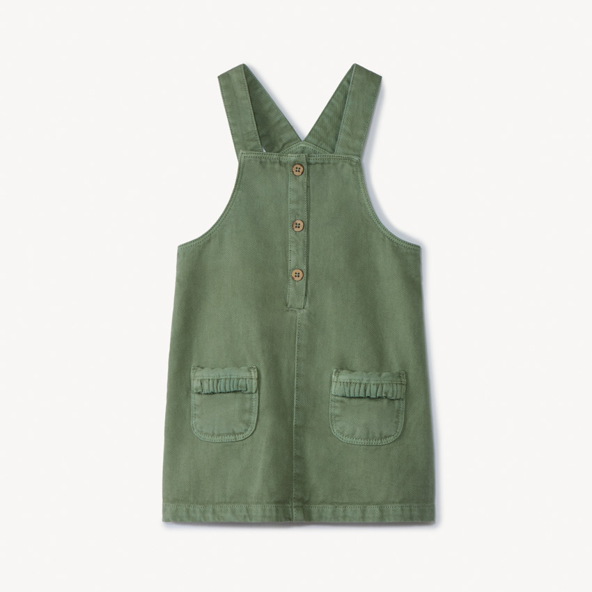Robe salopette uni en denim kaki à poches pour bébé fille 