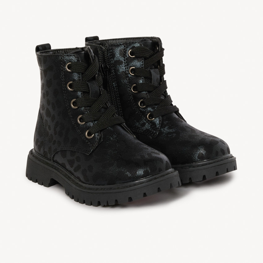 Bottillons noirs à lacet et zip imprimé léopard pour fille  