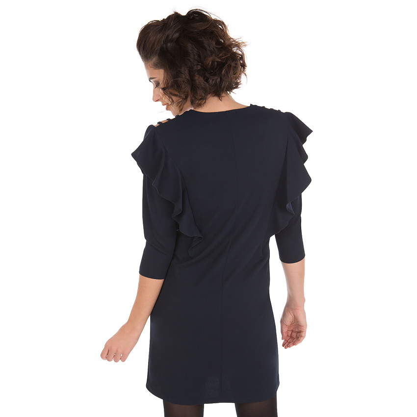 Zwangerschapsjurk met driekwartmouwen, volants en ogen aan de schouders 