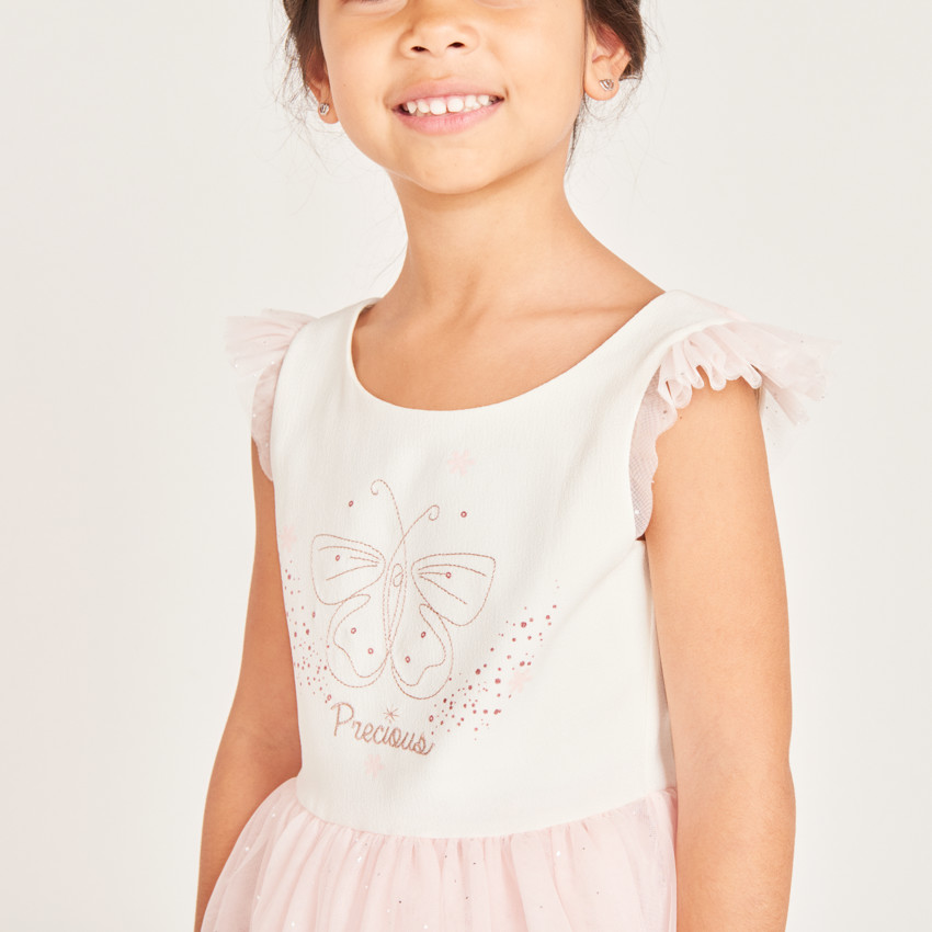 Robe bi-matière avec sa cape en tulle et sa couronne pour fille 