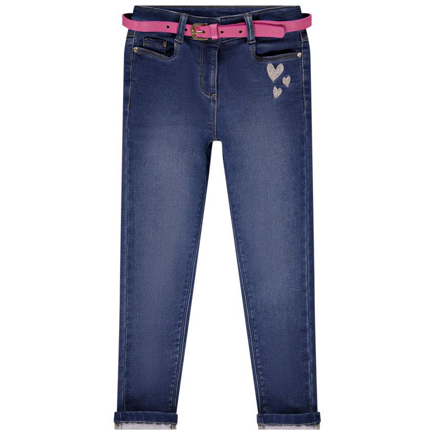 Jean slim brodé cœurs + ceinture amovible pour fille 