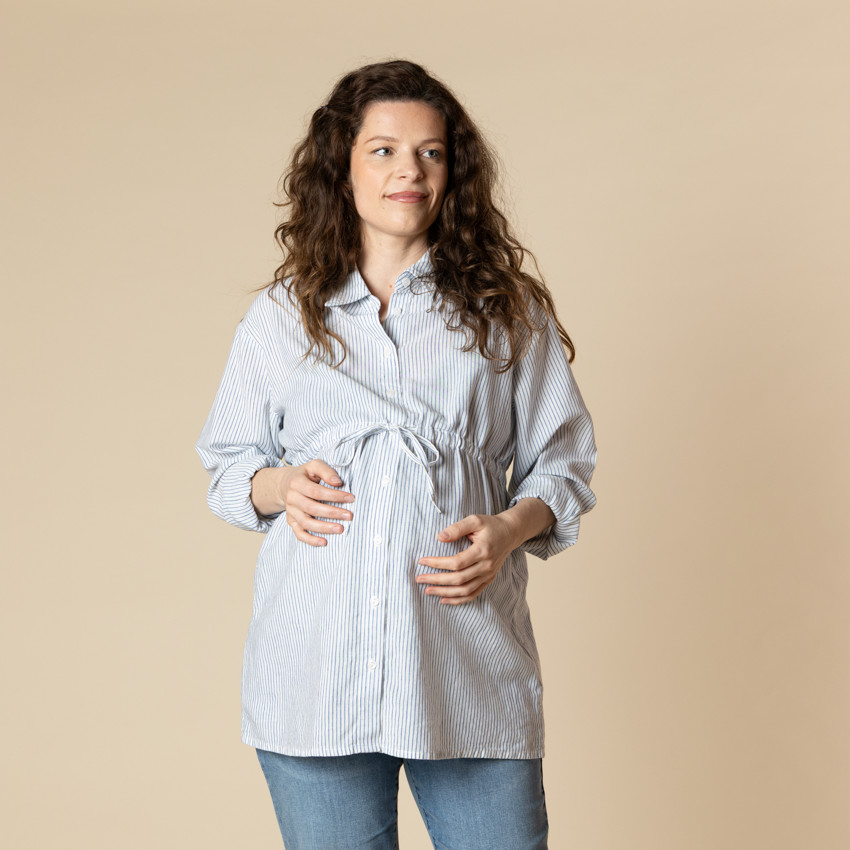 Chemise manches longues de grossesse et d'allaitement rayée avec lien 