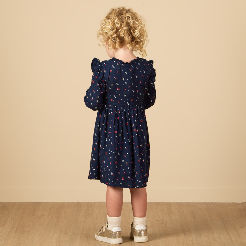 Robe manches longues bleu marine imprimé fantaisie pour bébé fille 