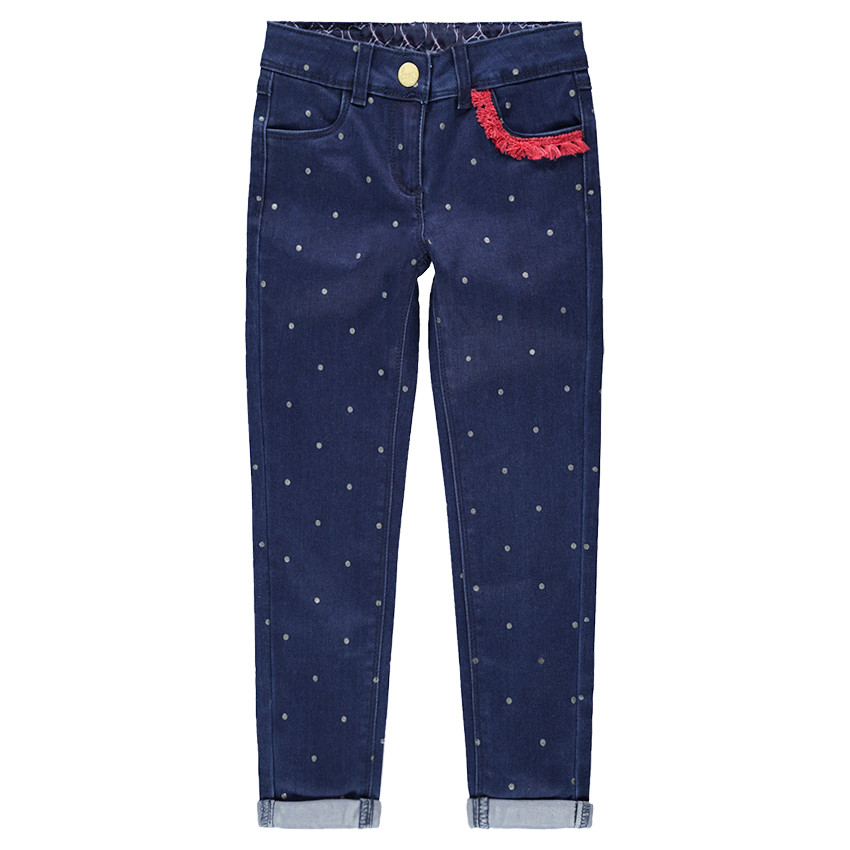 Jeans slim à pois all-over et franges contrastées 
