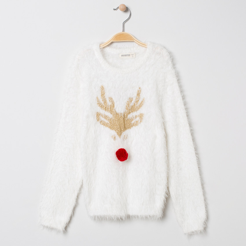 Pull de Noël en tricot poil motif élan et nez en pompon 
