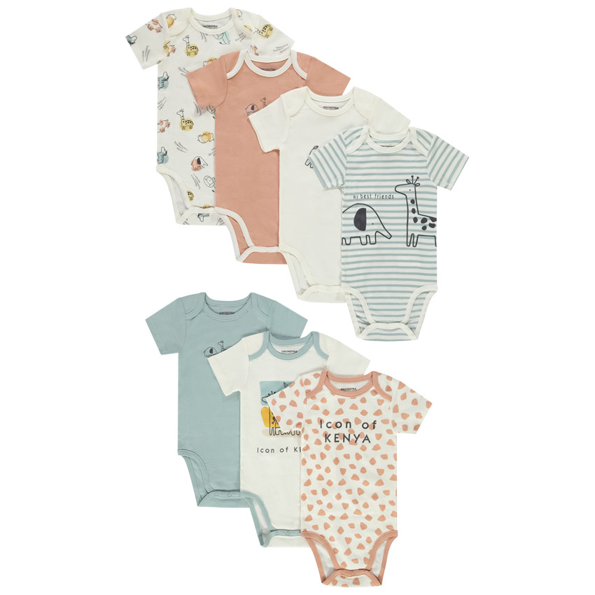 Set van 7 bodies met korte mouwen en safari-motieven voor babyjongens 