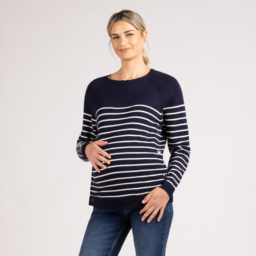 Trui voor borstvoeding in gestreept gebreid met fantasiekraag 